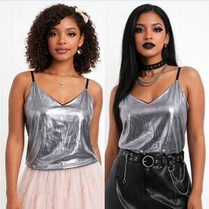NEW Clarisbelle Liquid Silver Metallic Cami Spaghetti Strap Tank Top, Size Large